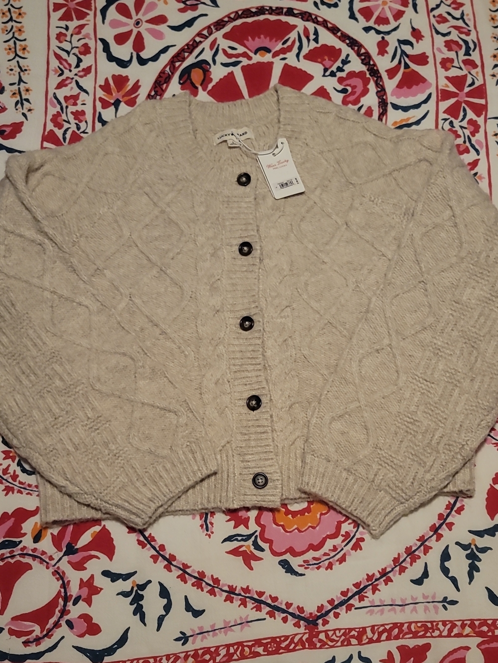 NWT Lucky Brand Womens Cream Cable Knit Barrell Sleeve Warm Button Fall Cardigan